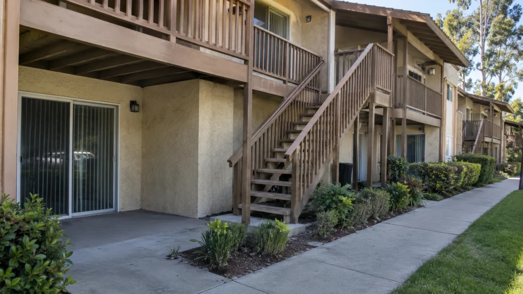 Exterior stair run at an apartment community, the only route to the upper-floor front doors