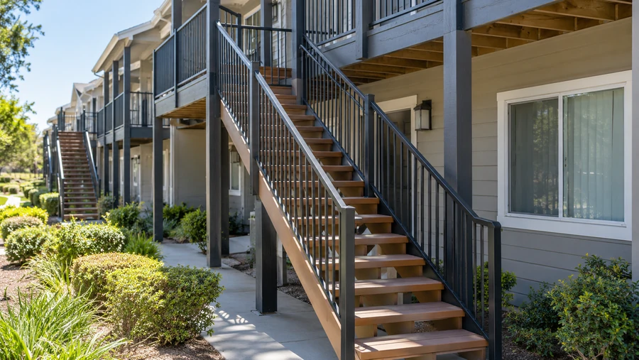 Rebuilt stair with composite treads and black aluminium guardrails at a multifamily building