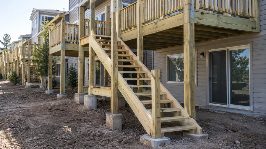 Row of new exterior stairs and balconies under construction across a multifamily elevation