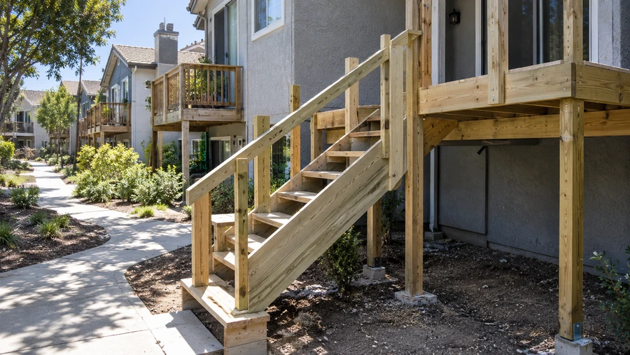 New stair run framed to a second-floor balcony, posts set on concrete pads