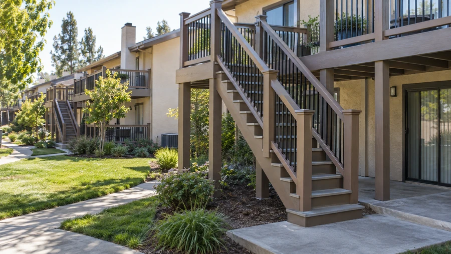 Finished stair run with metal balusters serving an upper-floor apartment deck