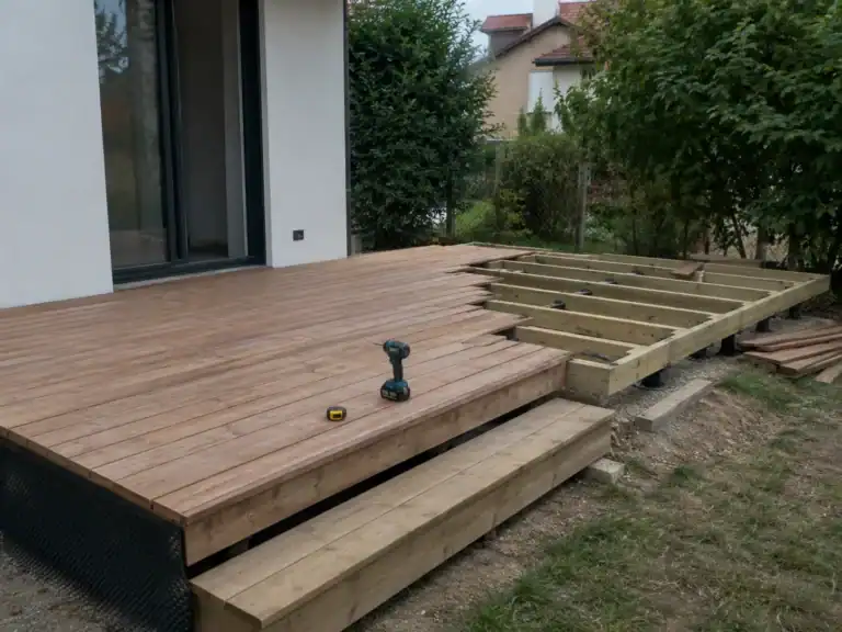 Terrace decking being laid over new framing at a building wall, tools on the boards