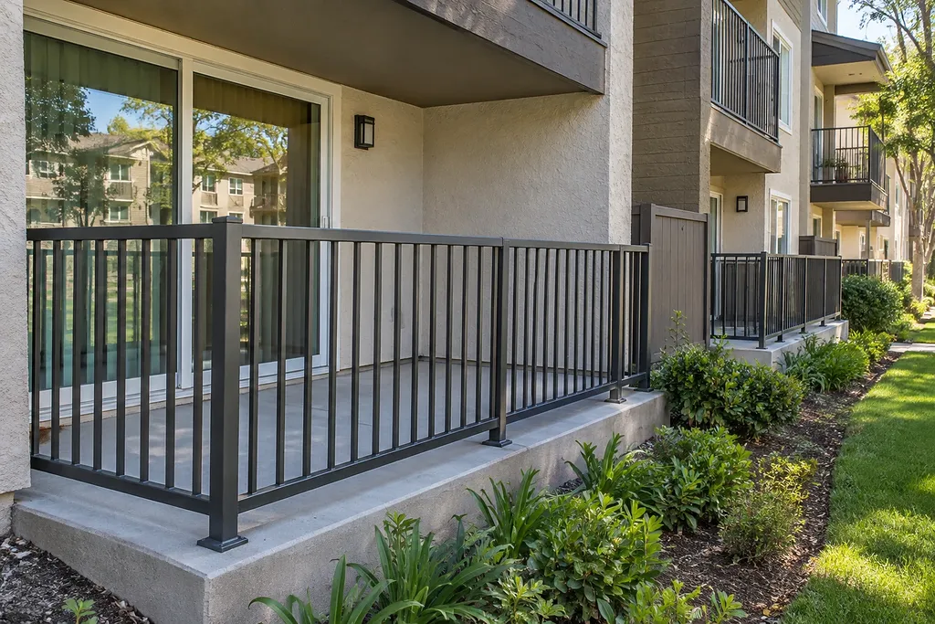 Raised concrete terrace with dark picket guardrail and privacy screen at a multi-unit building