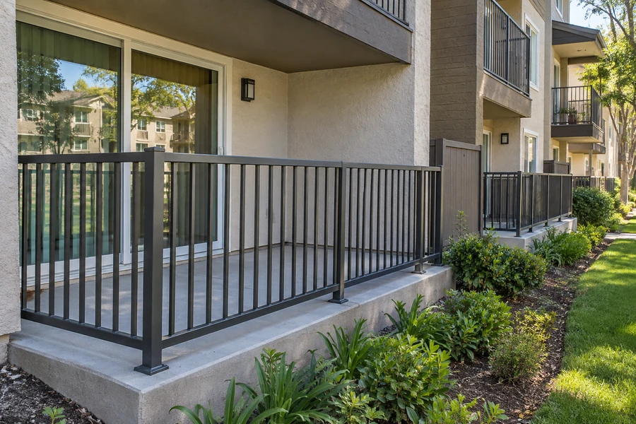 Raised concrete terrace with dark picket guardrail and privacy screen at a multi-unit building