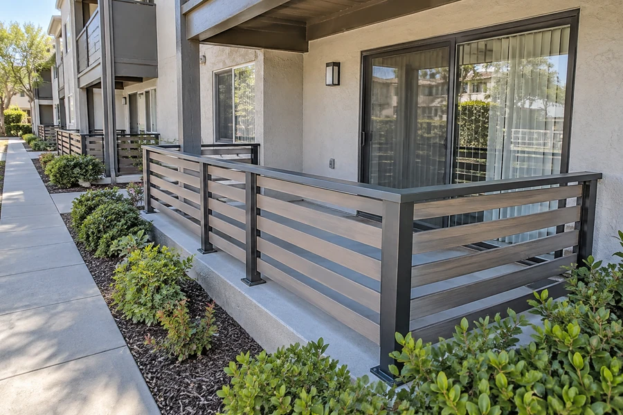 Horizontal slat railing on black posts at a ground-floor concrete terrace of a multi-story multi-unit building