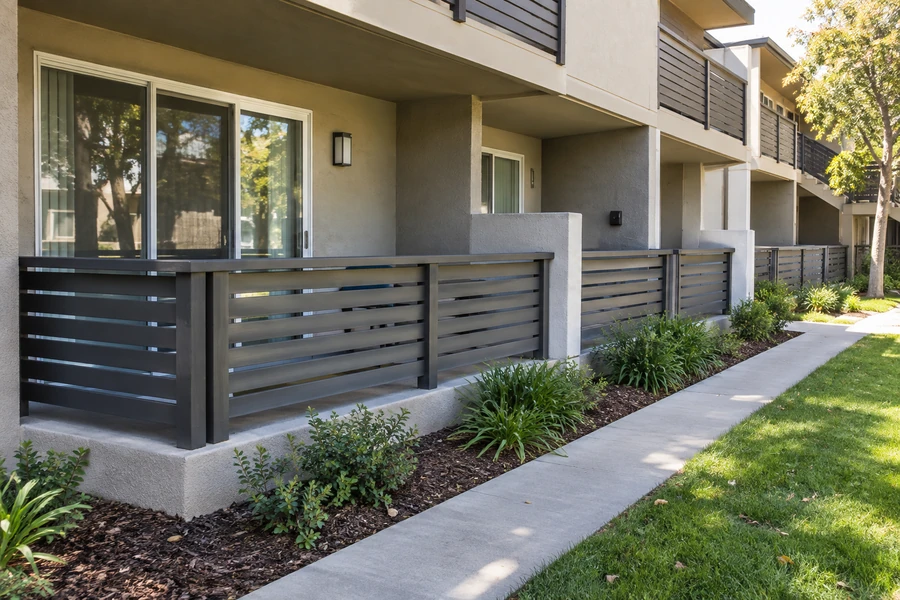Row of ground-floor terraces with horizontal slat railings along a multi-story multi-unit building