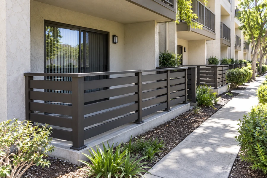 Dark horizontal slat railing on a raised concrete terrace at a multi-story multi-unit building