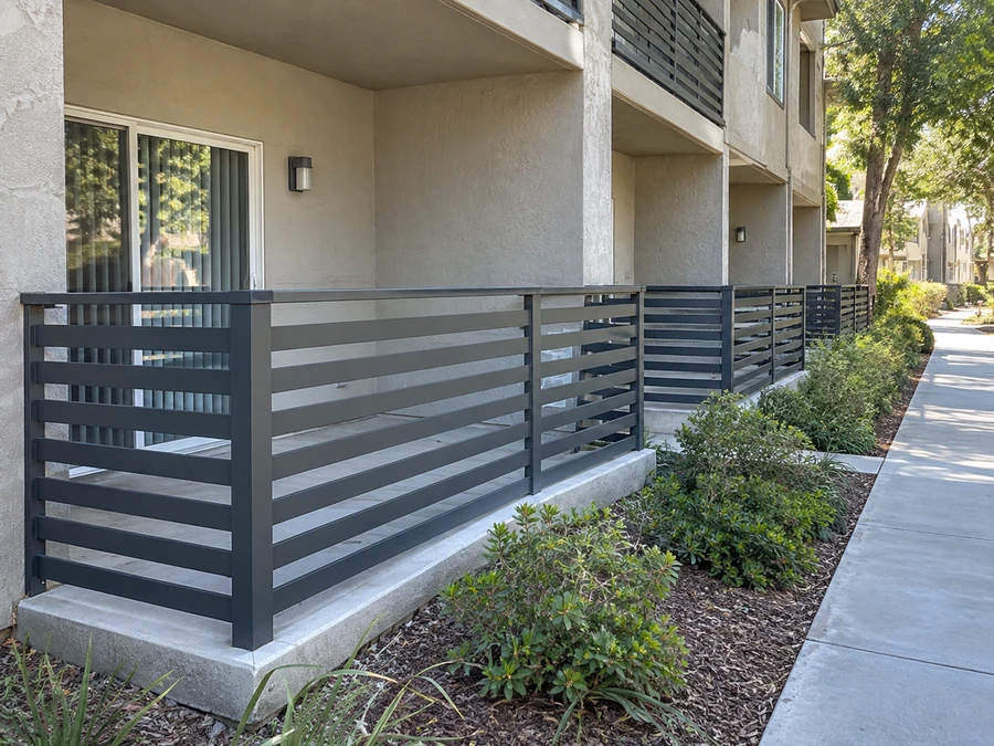 Horizontal bar railing on a ground-floor concrete terrace at a multi-story multi-unit building
