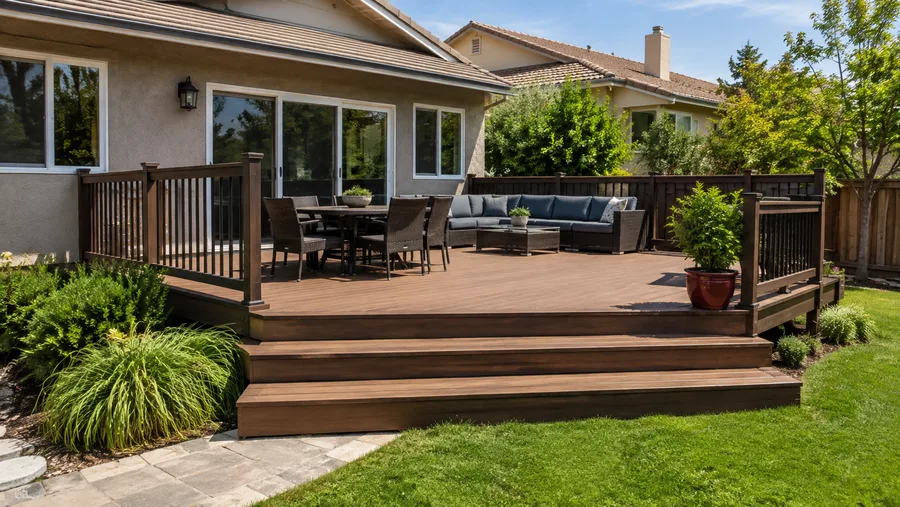 Thermally modified deck with dark stained railings and wide steps to a paved path