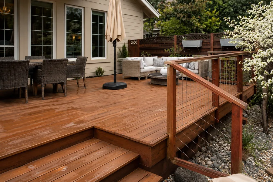 Warm-toned modified wood deck with cable railings and stepped levels