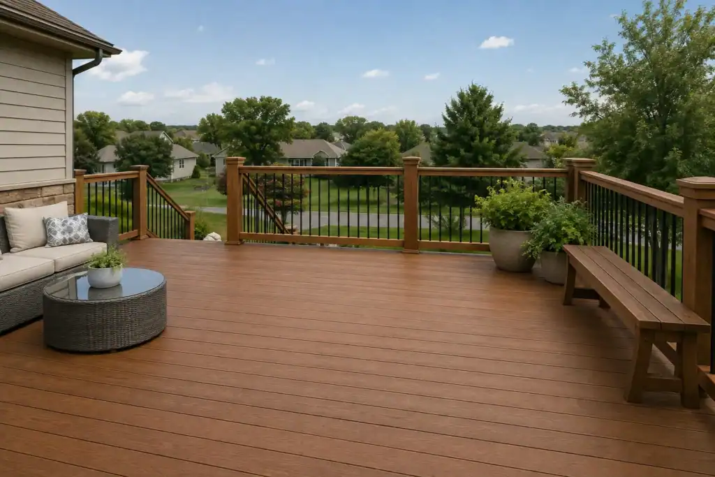 Thermally modified wood decking with deep caramel through-colour and fine grain