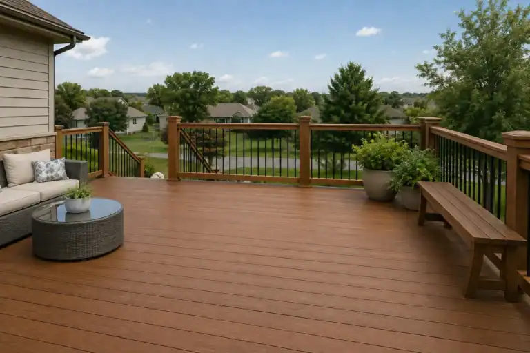 Thermally modified wood decking with deep caramel through-colour and fine grain