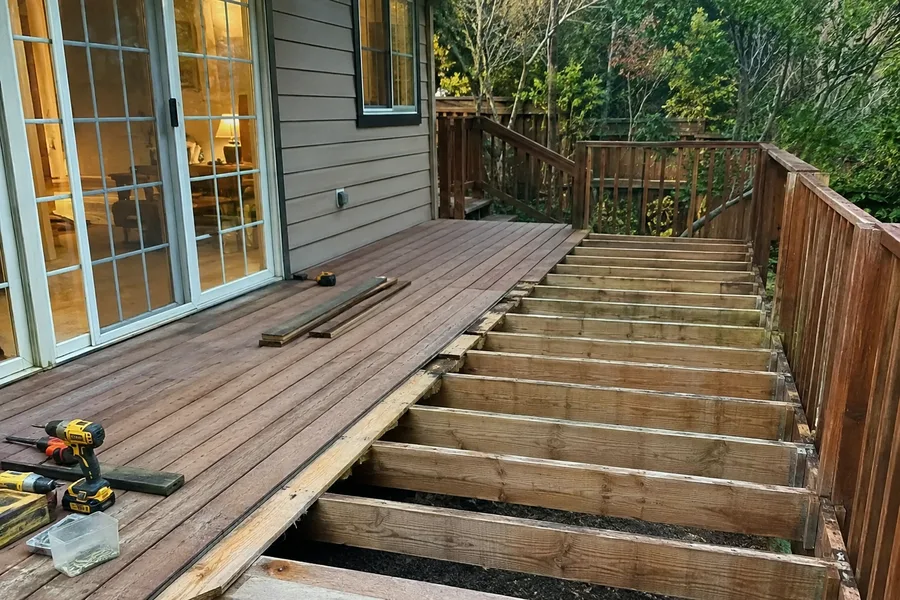 Thermally modified boards being laid over a pressure-treated frame, with joists exposed