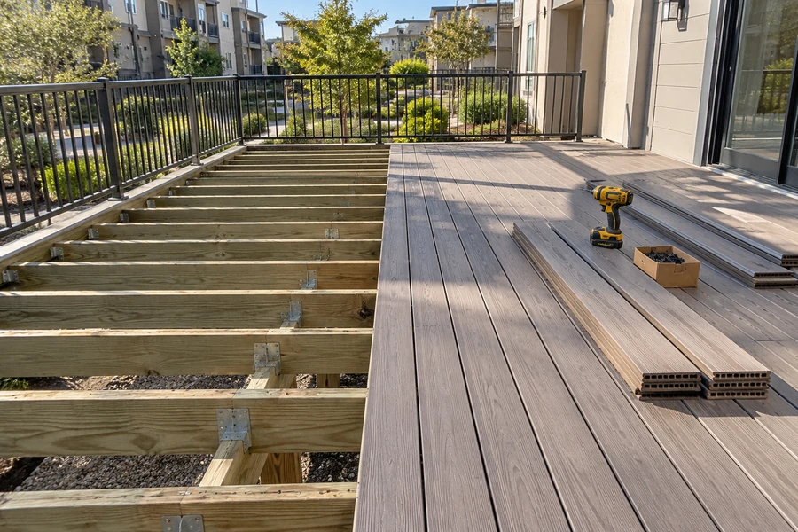 Composite deck installation in progress at an apartment building: half the deck covered in grey composite boards, the other half showing pressure-treated joists in hangers, boards, a drill and a box of fasteners on the finished part