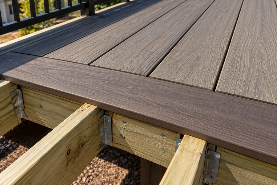 Composite border board running along the edge of a deck over the rim joist, with field boards ending against it and joists in hangers below