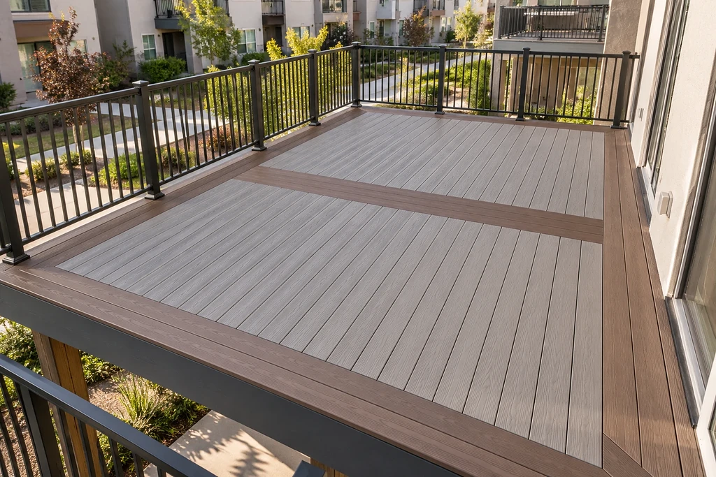 Composite balcony deck at a California apartment building with grey field boards, a brown picture-frame border and a brown breaker board across the middle