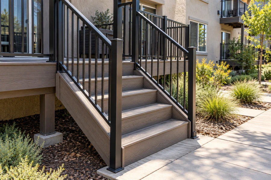 Composite stair with matching treads, riser boards and side fascia, black aluminium handrails on both sides, leading to a concrete path