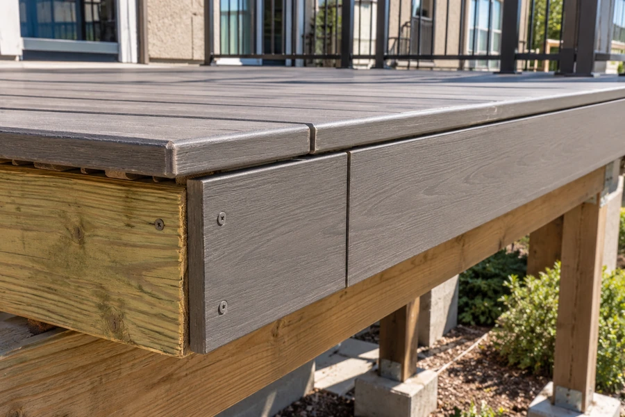 Composite fascia boards screwed to the rim joist under the edge of a composite deck, with a small gap where two fascia boards meet