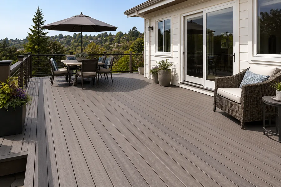 Finished composite deck with cable guardrails overlooking a hillside