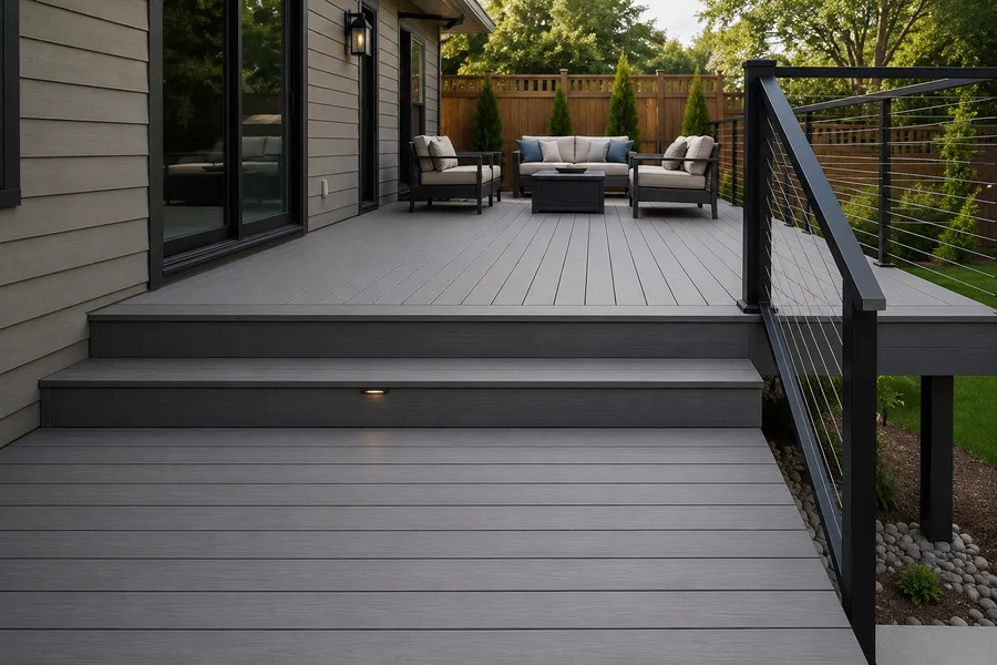 Composite deck with cascading steps, contrasting border and black cable railing
