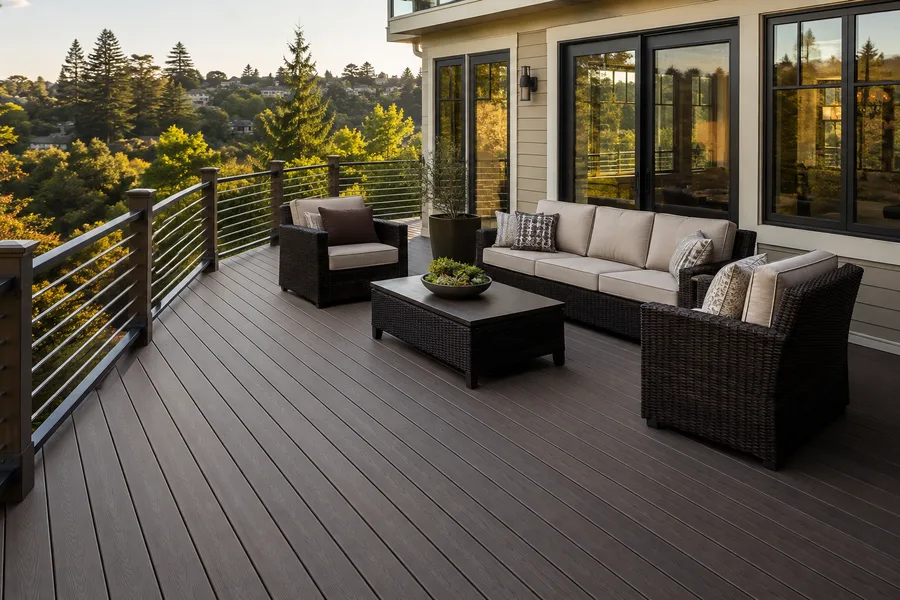 Dark composite deck with horizontal cable guardrails and lounge seating