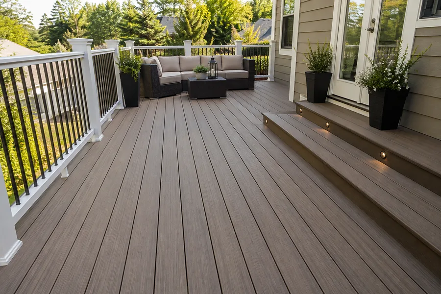 Composite deck with picture-frame border, lit steps and white guardrails