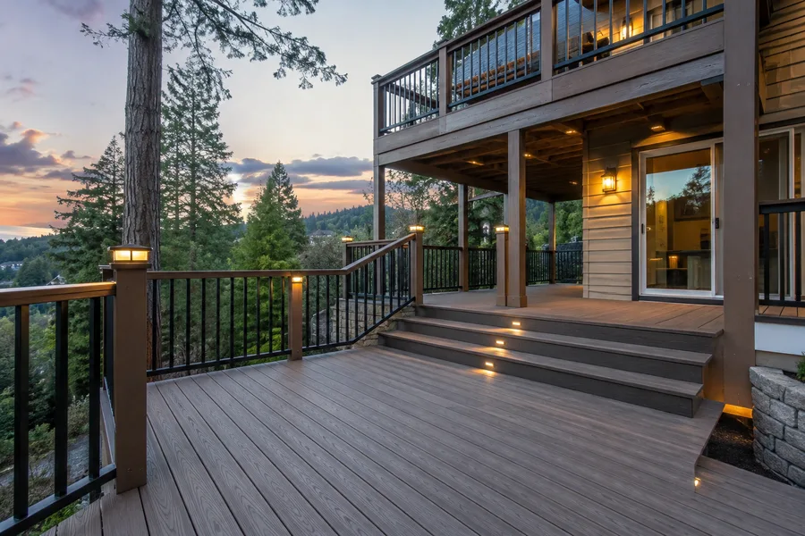 Two-level composite deck with lit stair treads and post cap lighting at dusk