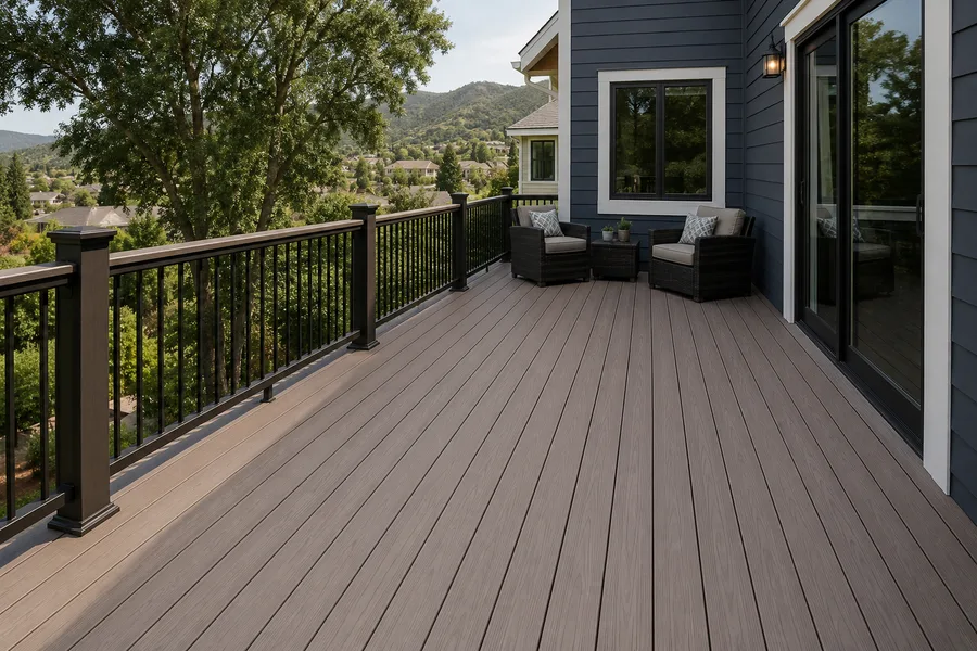 Composite deck with matching composite guardrail posts and a valley view