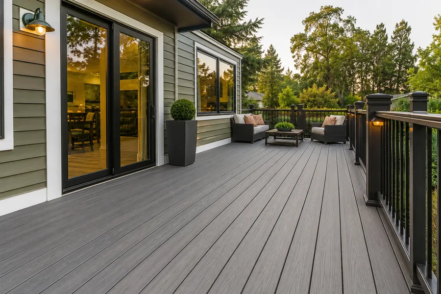 Grey composite deck with black metal guardrails and integrated post lighting
