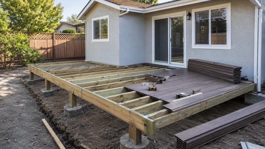 Pressure-treated deck frame with joists exposed and composite boards being installed over them