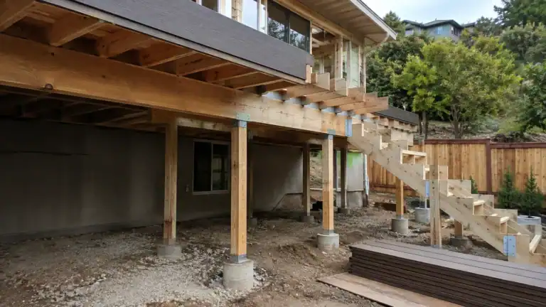 Wood post-and-beam deck frame with metal connectors, and composite boards stacked ready to lay