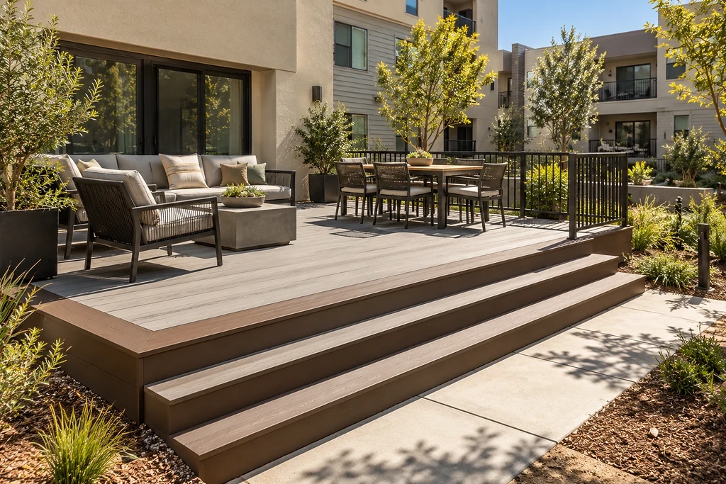 Two-tone composite deck at a California apartment building: light grey field boards, dark brown picture-frame border and fascia, wide steps to the path and a black aluminium railing
