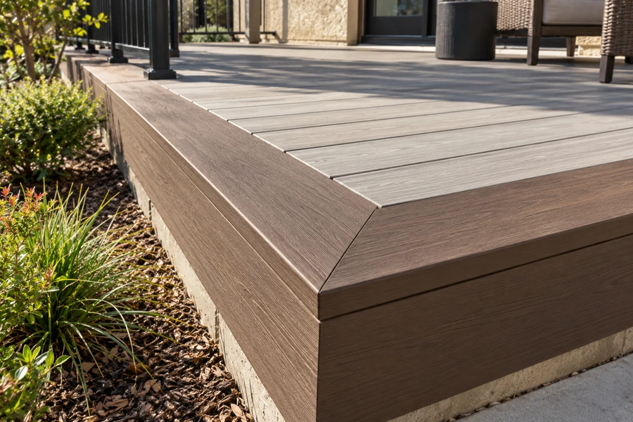 Corner of a composite deck: dark brown border boards meeting at a 45-degree mitre over a matching fascia, light grey field boards running into the border