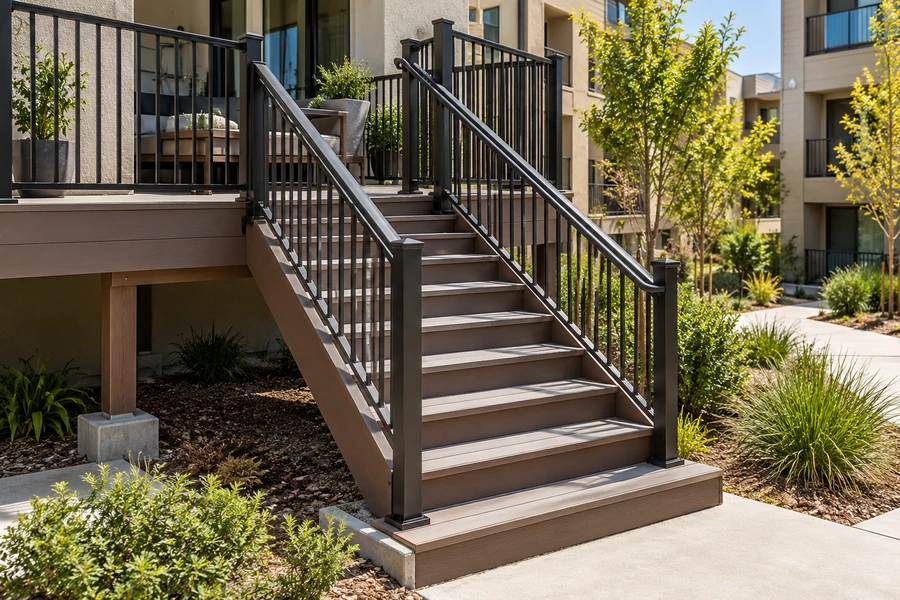 Composite stair from a raised apartment deck to a concrete path, brown treads and risers, black aluminium handrails on both sides