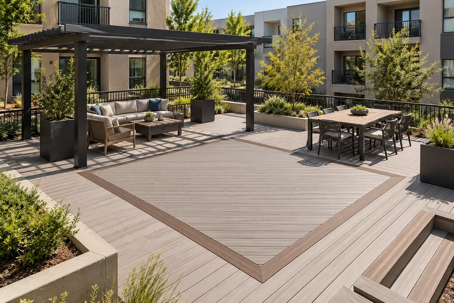 Composite amenity deck at an apartment community with a bordered inset whose boards run in a different direction, a pergola over the lounge and a dining area