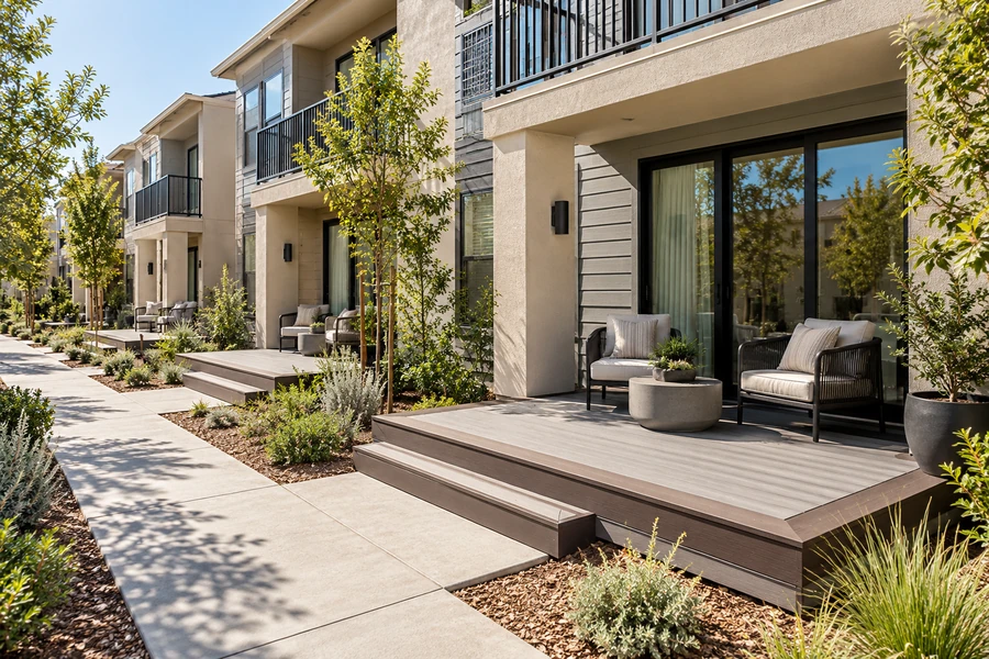 Row of townhome patio decks in the same two-tone composite design, each one step down to the walkway