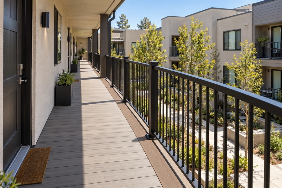 Second-floor exterior walkway at an apartment building decked in grey composite boards with a brown border along the edge and a black aluminium guardrail
