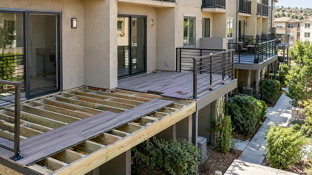 Balcony framing with joists exposed at set spacing and the first composite boards laid over them