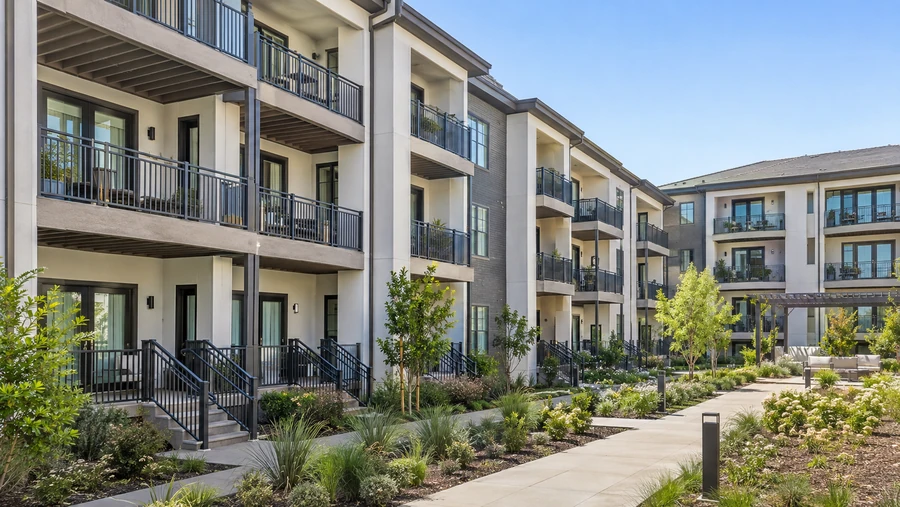 Finished apartment courtyard with composite balconies on every unit