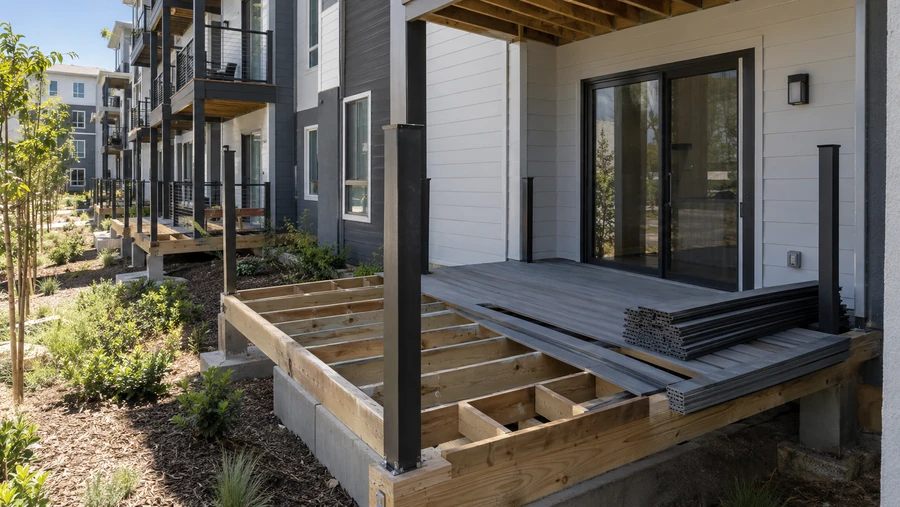 Deck framing with blocking in place and a stack of grooved composite boards showing the profile