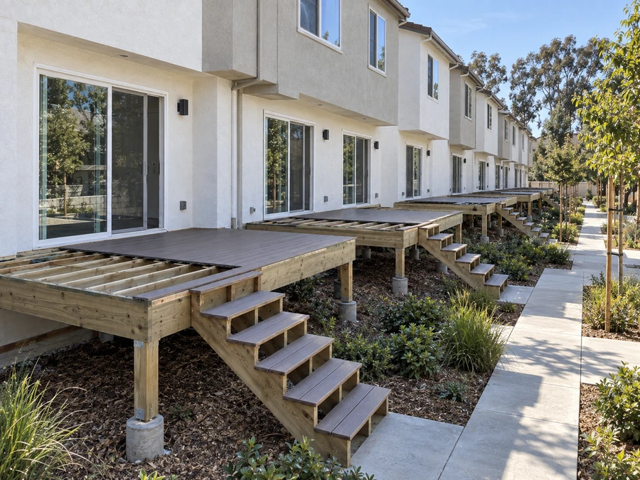 Run of patio decks with composite boards and matching stair treads, one still open