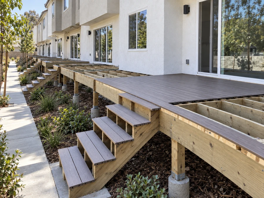 Composite decking laid over new framing with matching composite stair treads alongside