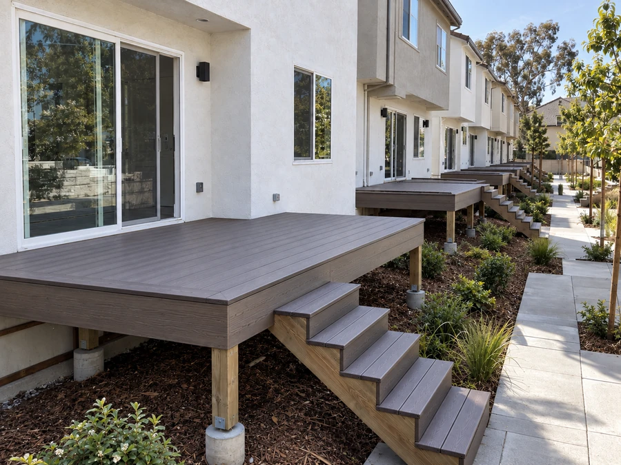 Finished composite deck and stair run at a townhome community