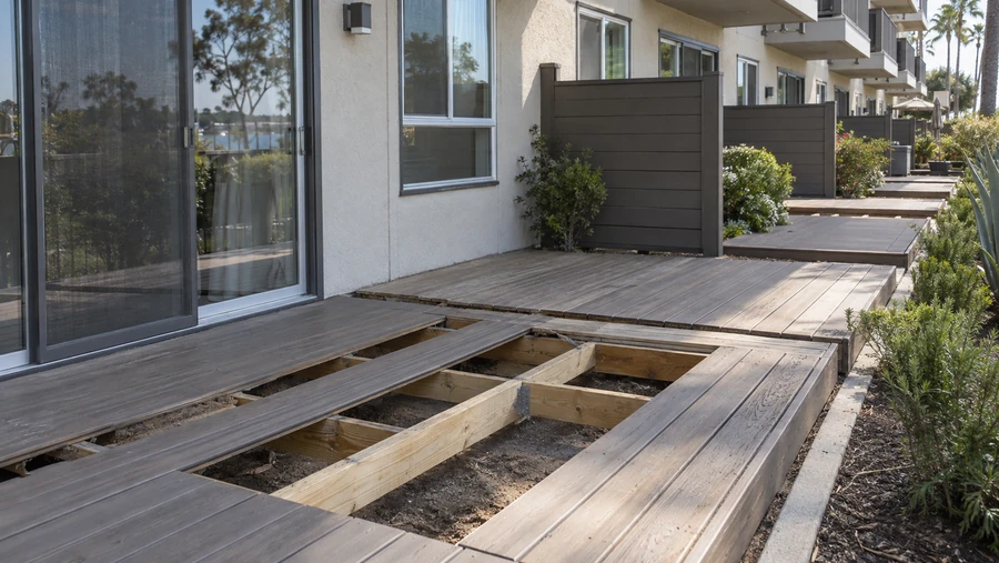 Composite deck boards removed to expose new joists on a ground floor deck below upper-floor balconies