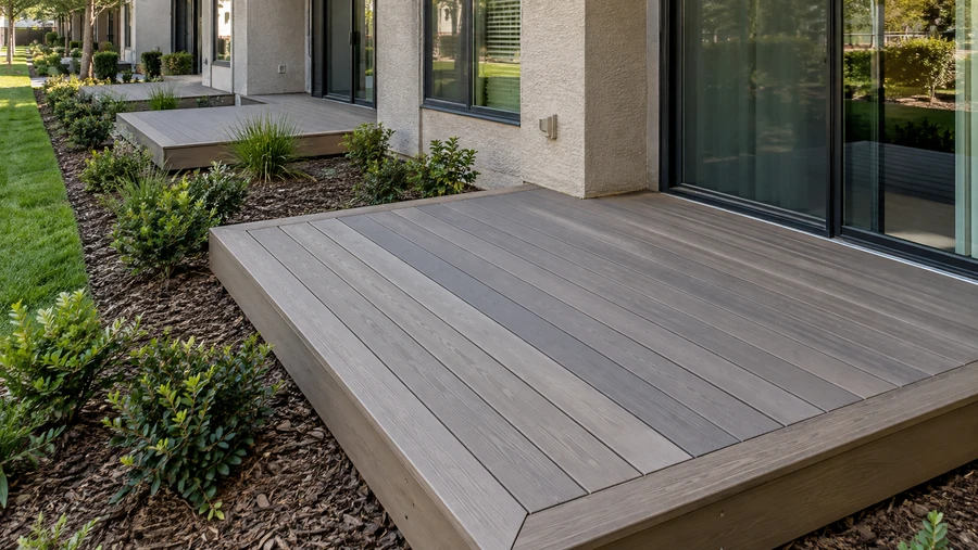 Finished grey composite platform deck outside a sliding door, matching decks continuing along the building
