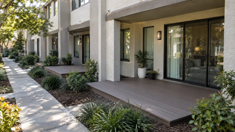 Dark brown composite platform decks outside a row of sliding doors on a stucco building beside a concrete walkway