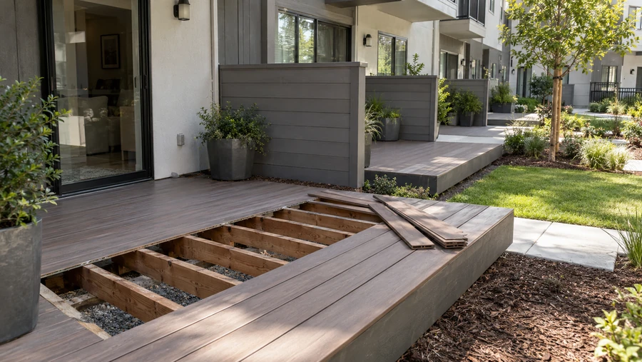 Composite deck with boards removed to show joists and grooved replacement boards stacked beside the opening