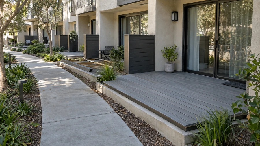 Walkway past ground floor composite decks below upper balconies, the next deck open with its framing exposed