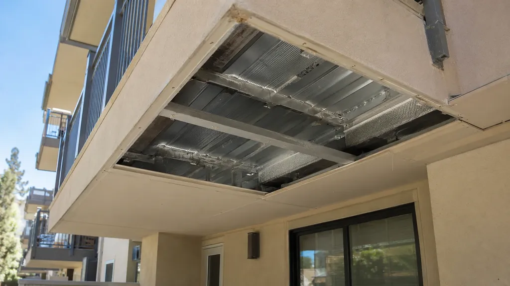 Under-deck ceiling panels partly removed, exposing the drainage pan and framing inside the closed cavity