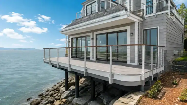 Waterfront balcony projecting over rock and open water, on metal posts with cable guardrails